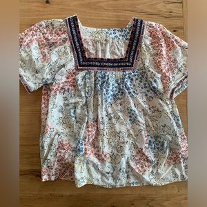 One World Embroideries Flounce Short Sleeve Floral on White Tunic Large Preowned